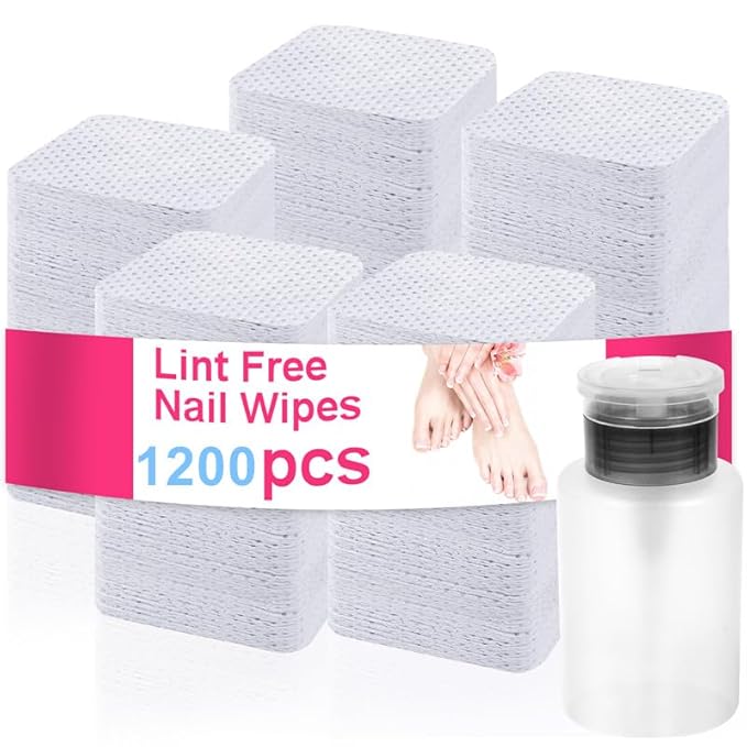 1200 PCS Lint Free Nail Wipes,Non-Woven Fabric Nail Cleaning Pads Lash Extensions Glue Cleaning Wipes,accompanied by 1 Empty Pump-Style Bottle Dispenser Nail Care Set (White)