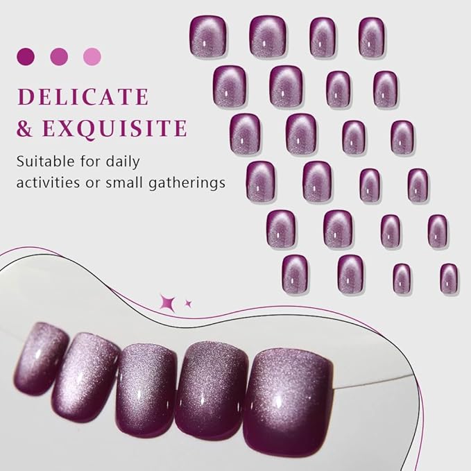 evpct Purple Cat Eye Short Press on Nails Square, Petite Short Square Glossy Nails with Designs for Women, Light Lavender Purple Stick on Glitter Reusable Gel Press on Acrylic Fake Nail Holographic