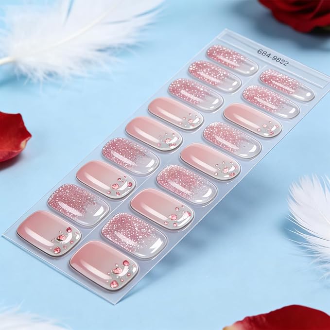Cute Valentines Day Gel Nail Stickers Gradient Pink Nail Strips Polish Romantic Love with Glitter Designs Full Wraps Gel Nail Strips Cute Heart Nail Decals for Women Manicure Decorations 1 Sheets