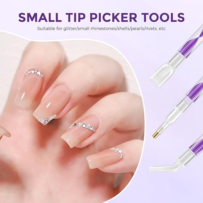 Rhinestone Picker Tool Kit: 2Pcs Rhinestone Applicator Handle, Dual-Ended Bedazzling Tools Pen with 12 Upgraded Plastic Replacement Tips, Clay for DIY Nail Art Craft (Purple)