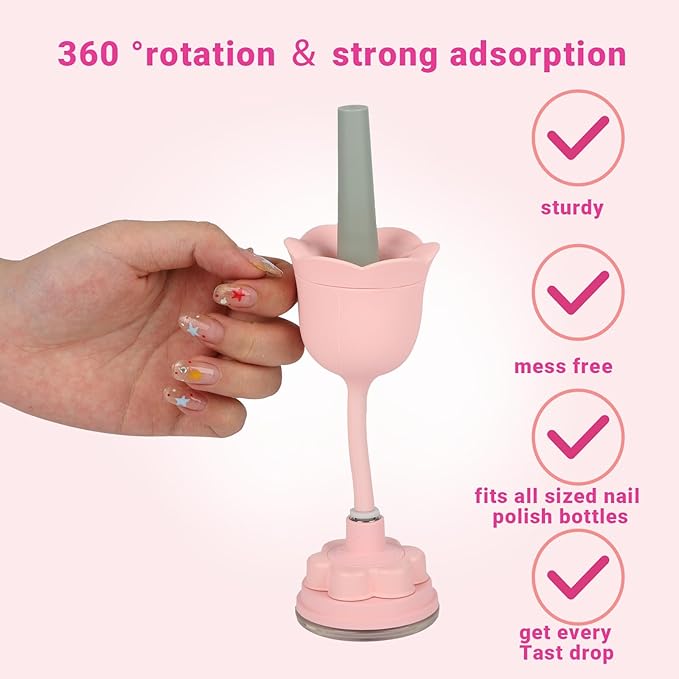 Nail Polish Bottle Holder, Rose-Shaped with 360° Rotating Stem, Tilted for No-Spill, Strong Suction Cup, All-Bottle Fit (3-Pack Pink/Black/Blue)