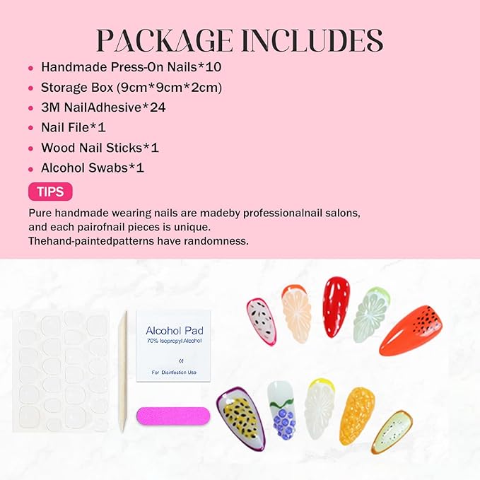 Handmade Fruit Press on Nails Luxury Thick Medium Almond Fake Nails with Lemon Grape Mango Pattern Design Muti-Layer Gel Spring Summer Fruit False Nails Full Cover Acrylic Nails for Women (Size S)