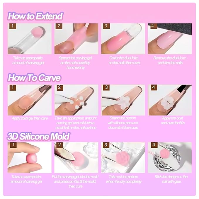 Solid Builder Nail Gel,6 Colors Non-Sticky Hand 3D Sculpting Gel for Nail Art, Nail Extension Glue Hard Gels Nail Kit with Nails Rhinestone for 3D Flower Carving Modeling Manicure Salon Supplies