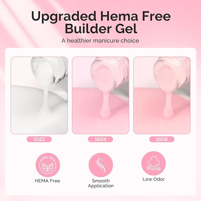 MelodySusie Hema Free Builder Gel Set for Nails Thickening, White and Pink, 3PCS 0.5 Fl Oz, Tpo Free, Soak Off UV Extension Gel, Nail Art Design Salon DIY Manicure at Home for Women