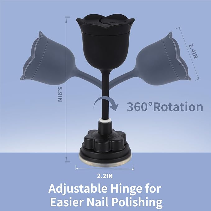 Nail Polish Bottle Holder, Rose-Shaped with 360° Rotating Stem, Tilted for No-Spill, Strong Suction Cup, All-Bottle Fit (Black)