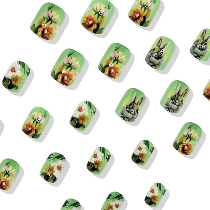 24 Pcs Easter Press on Nails Short Square Shaped Fake Nails Full Cover False Nails with Easter Cute Bunny Designs Spring Flower Acrylic Nails Glossy Green Stick on Nails for Women DIY Manicure