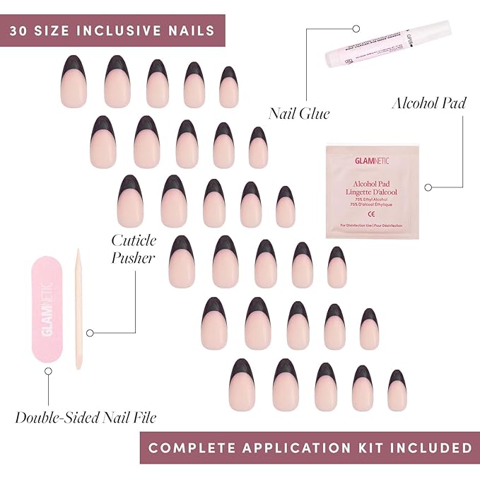 Glamnetic Press On Nails - Caviar Fake Nails | Semi-Transparent, Short Almond Nails, Salon Quality | 15 Sizes - 30 Nail Kit with Glue