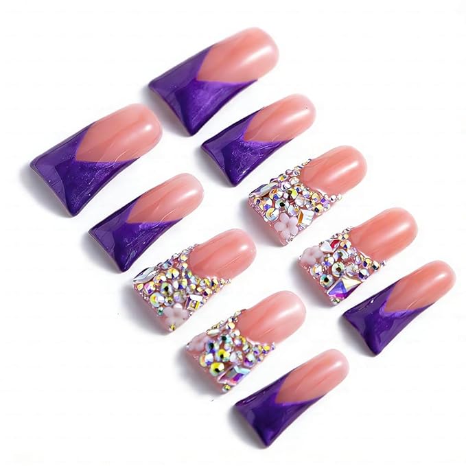 10 Pieces Handmade Luxury Metallic Electric Purple Shimmer With AB Crystal Shine Long Press On Nails With Bling Rhinestones And Y2K Princess Vibes, Reusable Acrylic Nails (L)