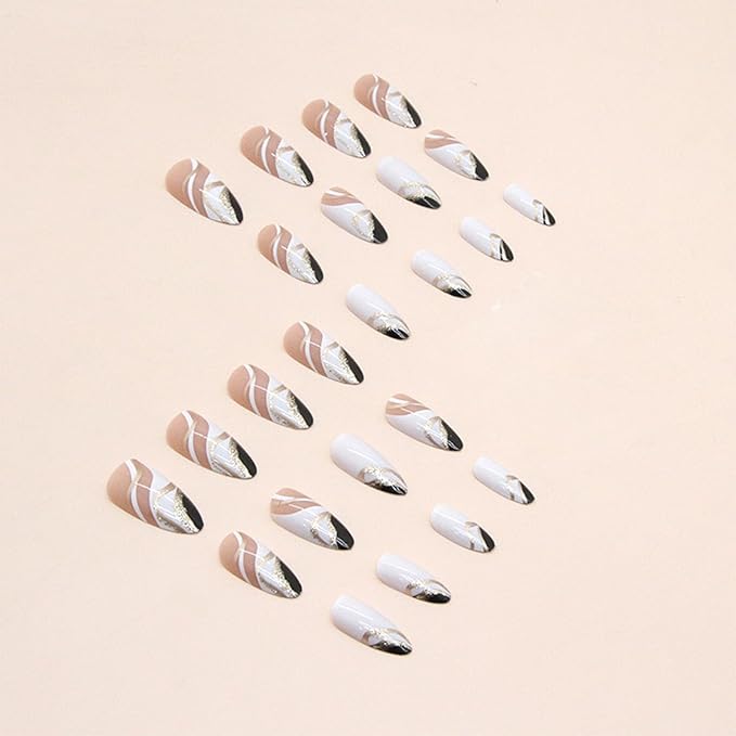 Almond Press on Nails Medium Fake Nails White False Nails Press ons with Designs White Black Glue on Nails Glossy Full Cover Acrylic Artificial Stick on Nail for Women Decorations 24Pcs