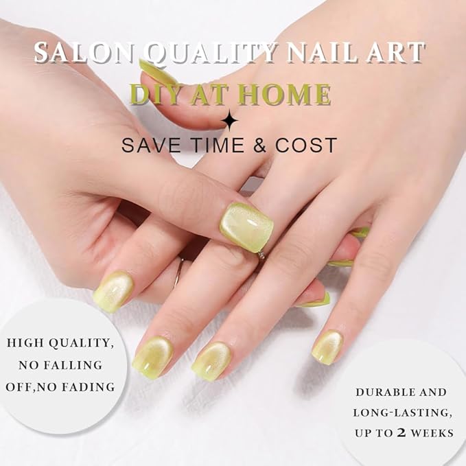 evpct Light Green Cat Eye Extra Short Press on Nails Square, Petite Short Square Stick on Nails for Women Gift, Avocado Metallic Glitter Glossy Reusable Gel Press on Acrylic Fake Nail with Designs