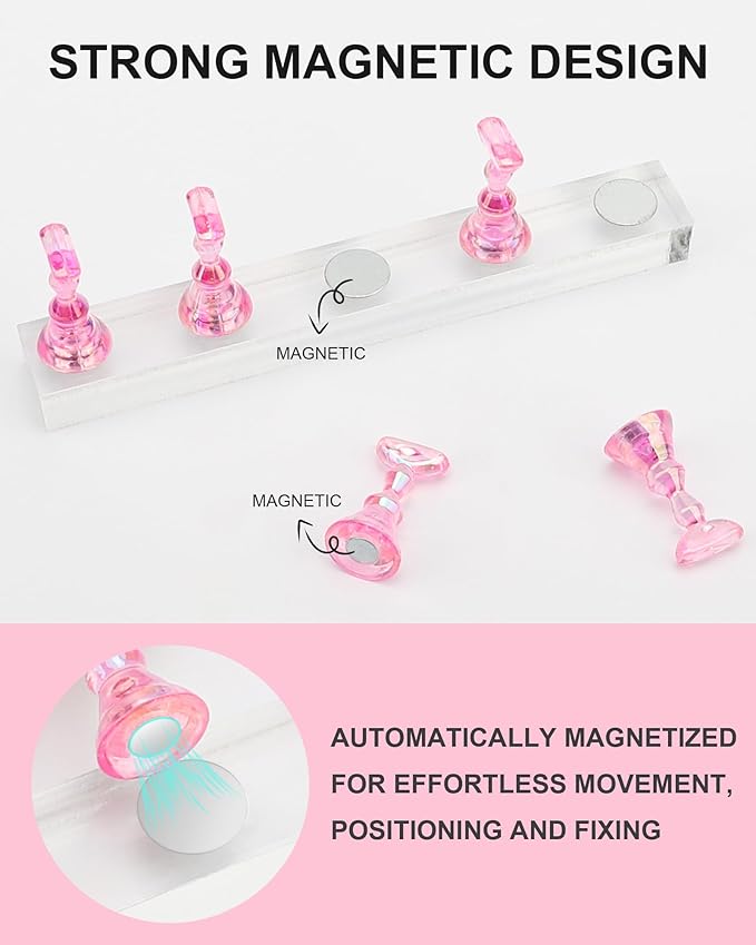 Nail Stand for Press Ons, Nail Holder for Painting Nails, Upgraded Solid Acrylic Magnetic Fake Nail Stands Tips, Flower Nail Holder with Double-sided Tape Practice Nail Art Tools
