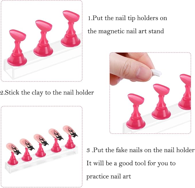 Etercycle Acrylic Nail Display Stand DIY Nail Crystal Holder Magnetic Practice Stands with Reusable Adhesive Putty Clay for False Nail Tip Manicure Tool(Rose pink)