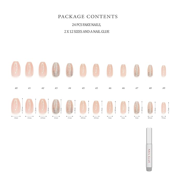 Hypnaughty 24 Pcs Nude Ballerina Press On Nails with Glue Medium Short Length Fake Nails with Glitter Design Glossy Acrylic Press On Nails Full Cover (Nude)
