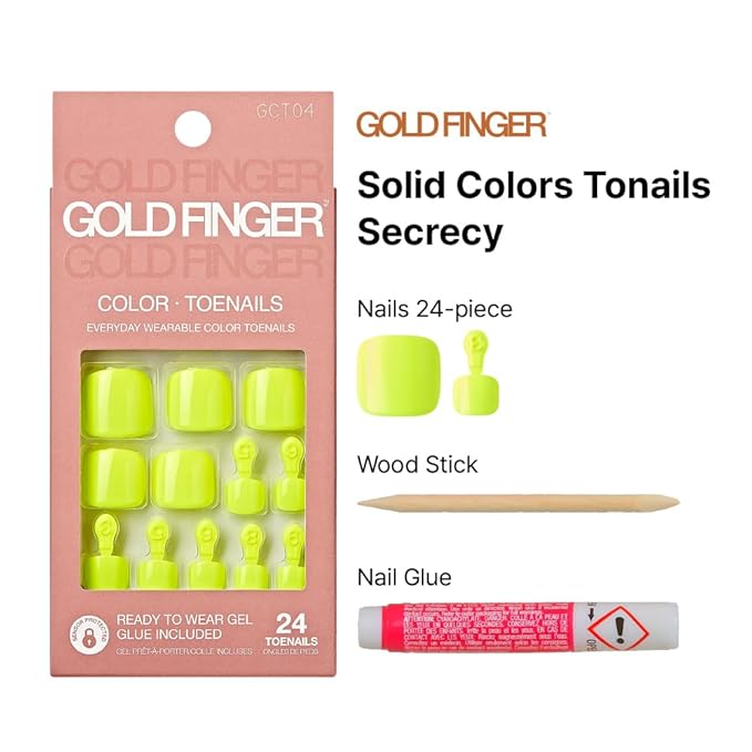 GoldFinger Press On Toenails Kit, High Pigment Neon Yellow Color Fake Toenail, Ready to Wear Gel & Manicure Stick, 2g Glue included, Long-Lasting Convenient & Easy to Apply