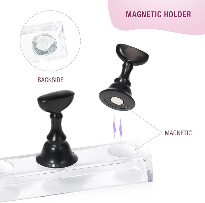 Nail Holder for Nail Art Practice, Nail Stands for False Nails Painting, 30 pcs of adhesive putty 1 Crystal Base 2 Sets Magnetic Acrylic (Black+White)