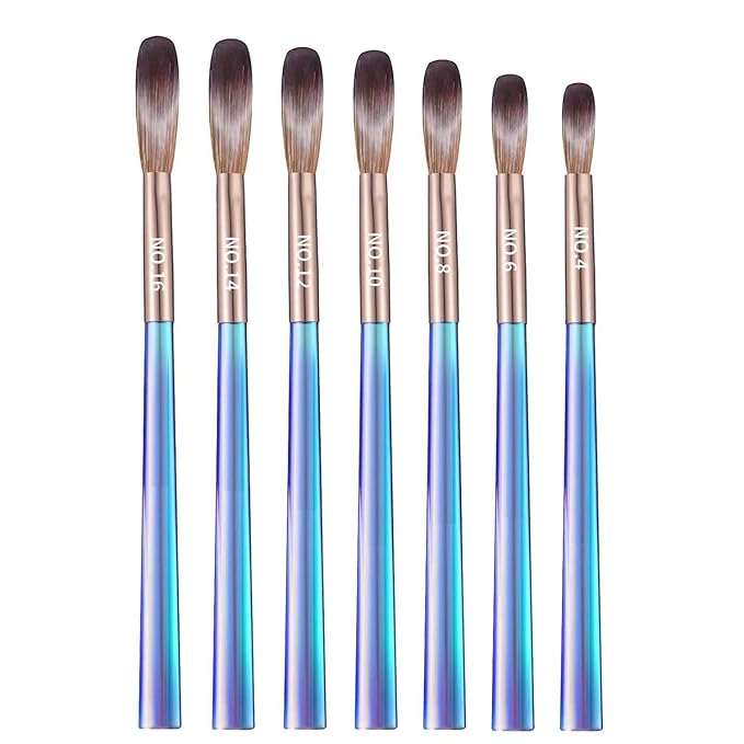 7Pcs Acrylic Nail Art Brush Set -Size 4/6/8/10/12/14/16,Gradient Blue Handle Nail Brushes for Acrylic Application Powder & Nail Extension, 3D Nail Carving Tools for DIY Home Salon