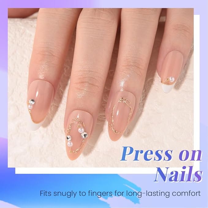White French Irregular 3D Gold Line Press On Nails Medium Almond – Pearl & Diamond Accents, Salon-Quality Reusable Stick-Ons, Spring Summer Nails for Women & Girls | Parties & Daily Wear