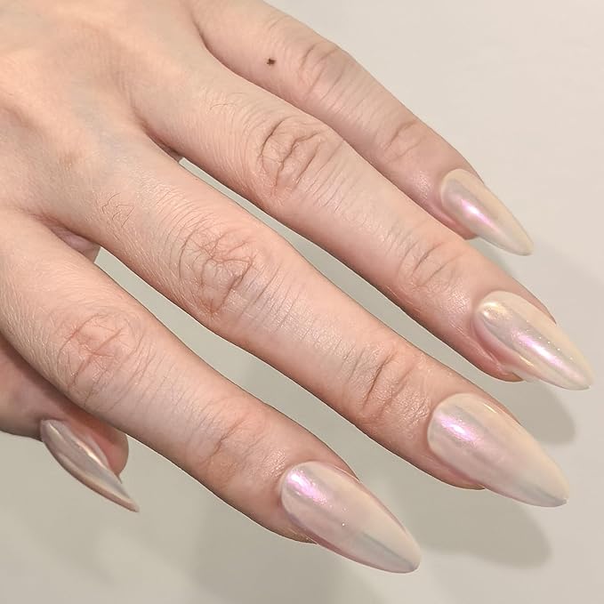 GLAMERMAID Chrome Press On Nails Medium Almond, White Handmade Metal Fake Nails Stiletto, Glitter Glazed Donut False Nail Short Oval, Glossy Natural Reusable Acrylic Stick Glue on Nails Kit for Women