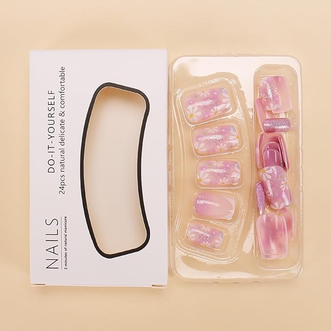 Square Press on Nails Medium Hot Pink Fake Nails Glitter Flower with line Design Pink French Tip False Nails Stick on Nails Full Cover Artificial Glue on Nails for Women DIY Nails Art Decoration 24Pcs