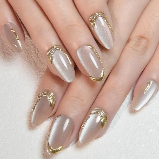 Nude Cat Eye Press on Nails Short Almond, Acrylic Fake Nails with 3D Gold Line Design, Reusable Glue-On Stick for Cute Nude Nails for Women