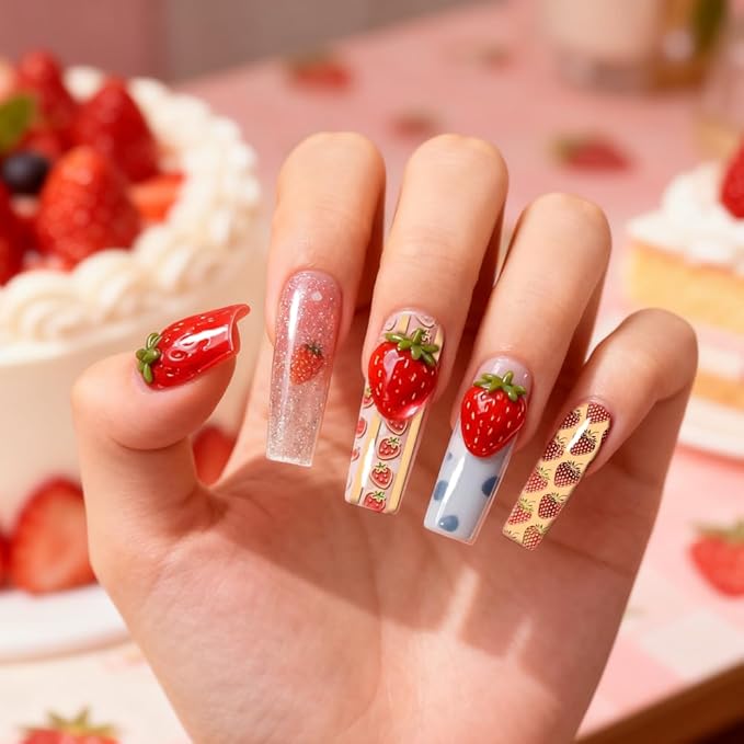 PH PandaHall 3pcs Strawberry Cake Nail Stamping Plate, Sweet Bowknot Nail Art Templates Strawberry Desserts Stainless Steel Image Plate Art Stencils with Tool for DIY Manicures Salon Design