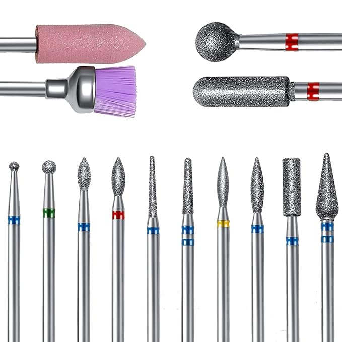 14pcs Nail Drill Bits Set, Professional Rotary Burrs Diamond Cuticle Remover Bits Kit, 3/32" Electric Manicure Nail File Bit for Acrylic Gel Nails Cuticle Manicure