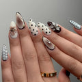 Polka Dot Floral Press on Nails Medium Almond Fake Nails White Nails Press ons with Design Full Cover Stick on Nails for Women Fall Winter Manicure,Reusable | Artificial | Easy Apply | 24Pcs
