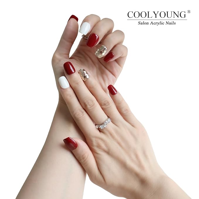 Press On Nails - Red White Glitter Press On Nails, Short Square Acrylic Fake Nails for Women, 25 PCS Handmade Nails