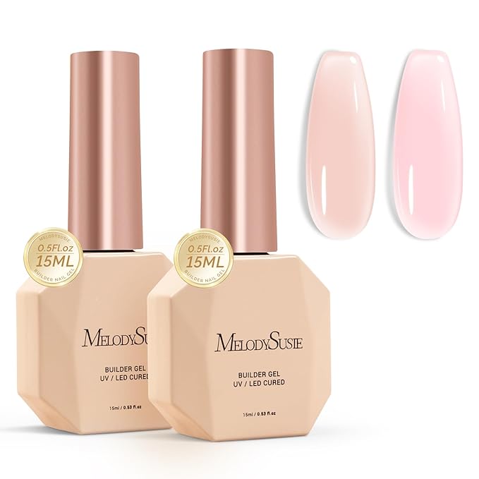 MelodySusie 2PCS 15ML Nude and Pink Builder Gel Set for Nails Thickening, Soak Off UV Extension Gel Rhinestone Glue in a Bottle for Nail Art Design Gift for Women DIY Manicure at Home