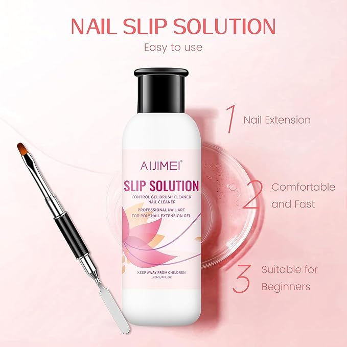 AIJIMEI Nail Slip Solution Kit for Polygel Extension Gel 120ml/4fl.oz Poly Nails Slip Solution with Dual-Ended Brush For Builder Hard Gel DIY
