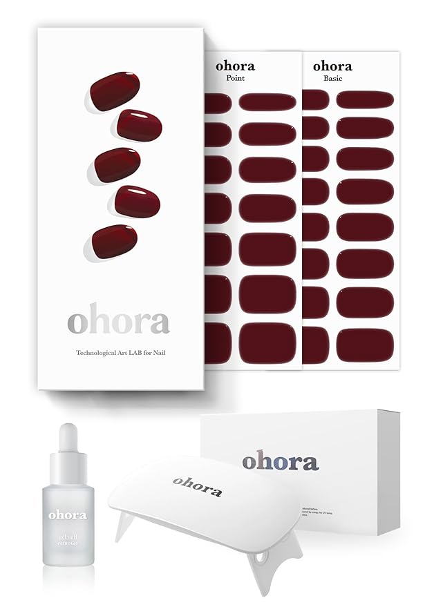 ohora Semi-Cured Gel Nail Strips Value Set (N Classic Burgundy Starter Kit) Includes Full Size Lamp and Mini Remover, Salon-Quality, Long Lasting, Easy to Apply & Remove