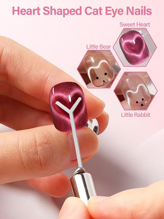 EBANKU Cat Eye Magnetic for Nails, 17PCS Cat Eye Gel Nail Polish Magnet Tools Powerful Set Wand Magnet for Nail Polish Square Round Y Shaped Heart Magnet Stick Diverse Glassy Cateye Effect