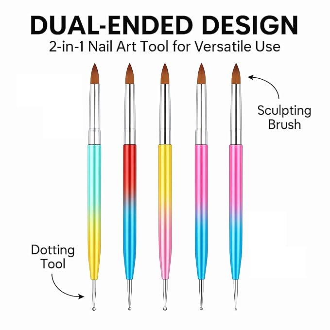 Dual-Ended Nail Art Brush & Dotting Pen Set - 5PCS Metal Rainbow Nail Brushes for Acrylic Gel, 3D Design, Extension, Manicure - Professional DIY Home Salon Tools