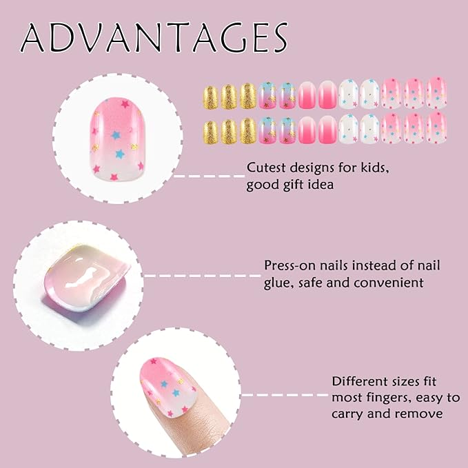 Laza 72pcs Children Nails Press On Pre-glue Full Cover Gold Silver Glitter Pink Blue Shell Star Heart Short False Nail Kits for Kids Teenager Girls - Glitter Stars