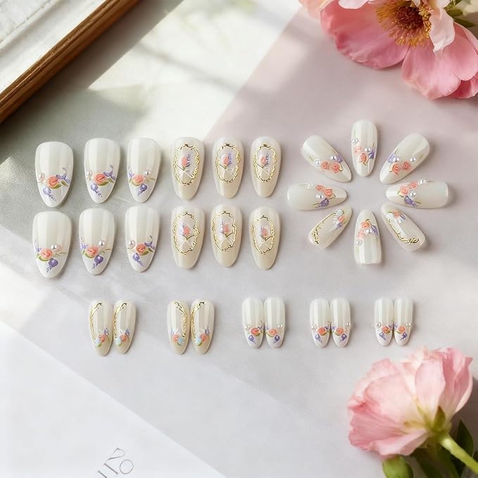 Almond Press on Nails - Short Fake Nails with Flower & Golden Frame Design, White French Tip False Nails, Glossy Acrylic Full Cover Stick on Nails for Women Manicure 30Pcs