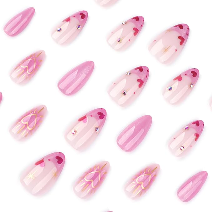 Short Almond Press on Nails Cat eyeFake Nails French False Nails Pink Artificial Nails with Rhinestone and Gold Heart Designs Glitter Handmade Nails Cute Stick on Nails for Women 24pcs
