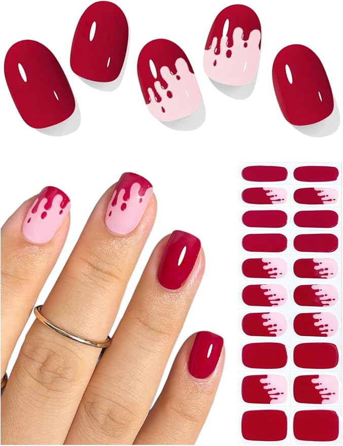 Semi Cured Gel Nail Strips (Red Blood Drip), Halloween, 20 Pcs Gel Nail Wraps, Stickers, Salon Quality, Long Lasting, Works With Any UV Lamps