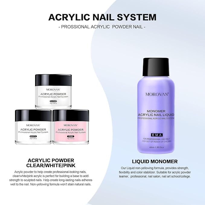 Morovan Acrylic Nail Kit: Clear Pink White Powder and Professional Liquid Set for Nail Extension - DIY at Home With Brush for Beginners
