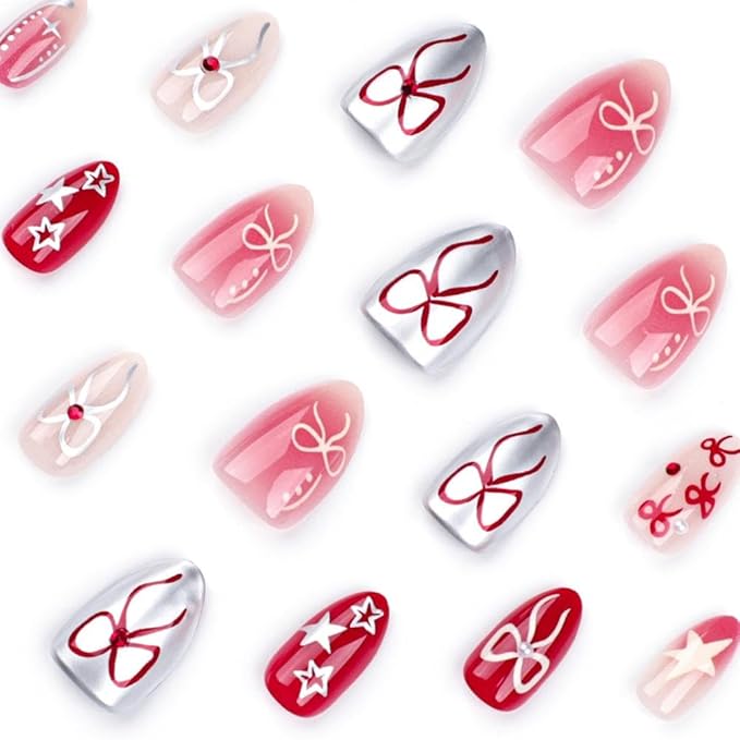 Ombre Red Press on Nails Medium Almond Fake Nails with Pearl Bow Charm Design Silver Star False Nails Glossy Summer Glue on Nails Reusable Full Cover Handmade Stick on Nails for Women Manicure 24Pcs