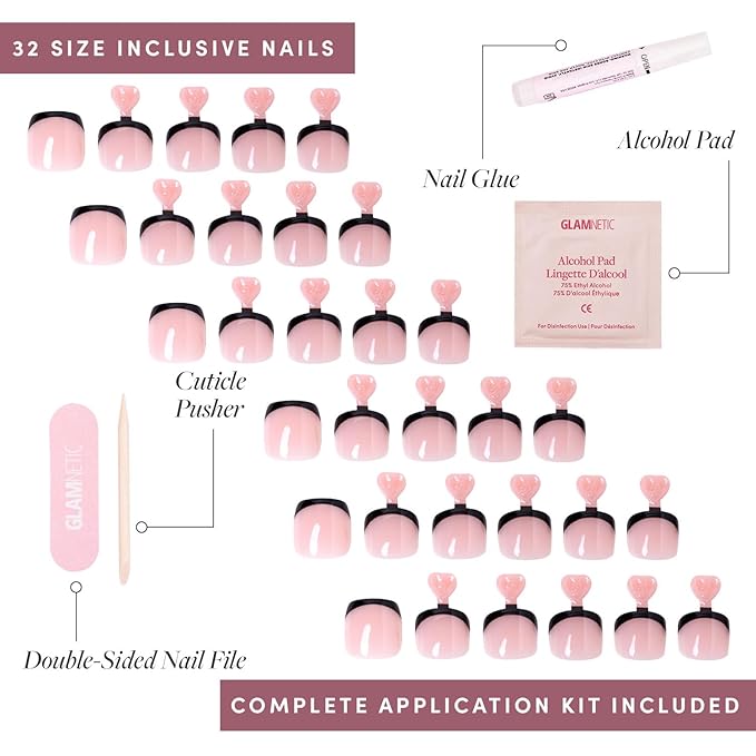 Glamnetic Press On Toenails - Caviar | Classic Black French Tip Fake Toe Nails with a Glossy Finish | 16 Sizes - 32 Toe Nail Kit with Glue