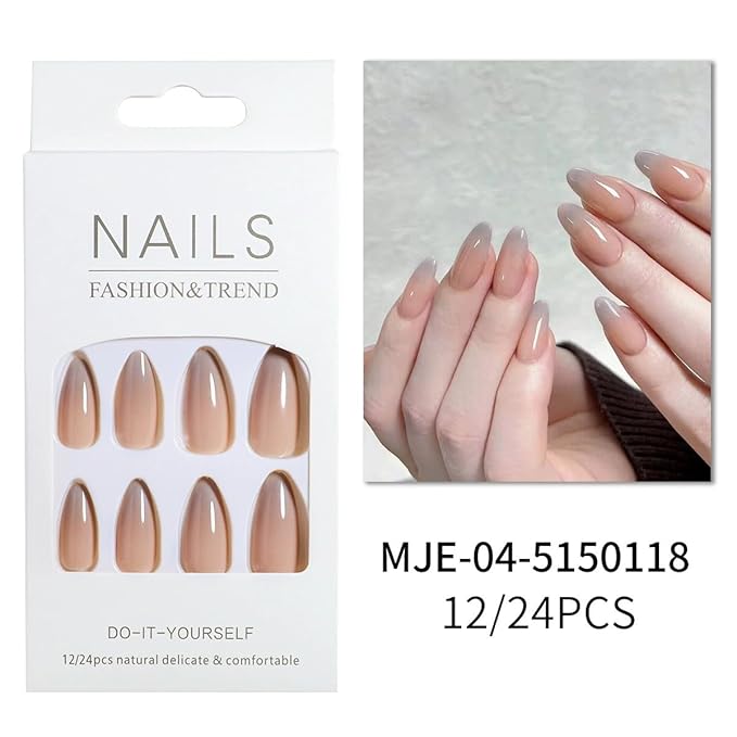 Press-On Nails, Medium-Length Glossy Sheer Nude Ombre Medium-Length Almond False Nails, Showing the Noble Temperament of Women and Girls False Nails - 24 pcs (with Free Tool Kit)