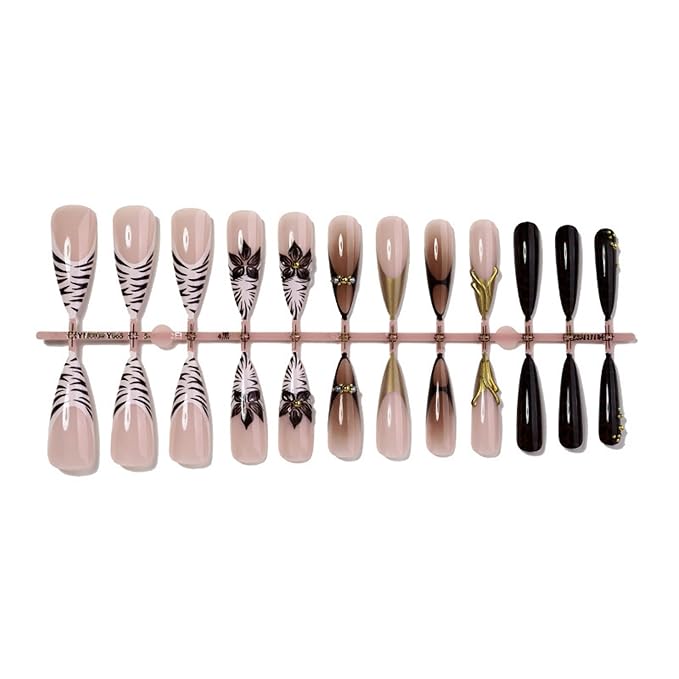 Almond Press on Nails Long Fake Nails Seeneey Brown Artificial Nail Gold Charm and 3D Flowers Designs Tortoise Shell Stick on Nail for Women 24pcs
