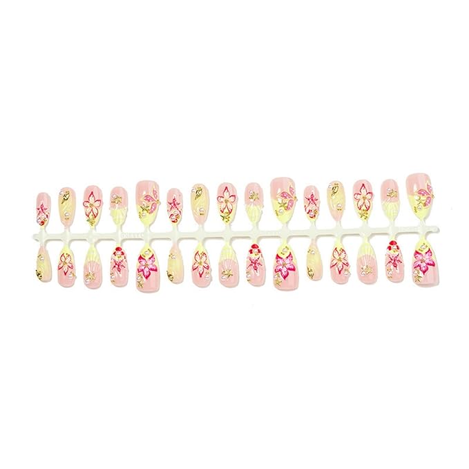 Press on Nails Long Almond Fake Nails Yellow French Artificial Nail 3D Embossed Flowers Rhinestones Charm Stick on Nail for Women 24pcs