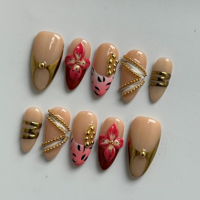 Medium - Luxury Medium Length Almond 3D False Nails Women Reusable ABS Material Finger Printed Nail Tip French Salon Design Artificial Fingernai-M-size