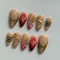 Press On Nails Medium Almond Shape - 3D Handmade Acrylic Gel Fake Nails with Glitter Designs, Reusable Thick Almond Nails for Women DIY Manicure Kit (10PCS, L Size, Easy Application)