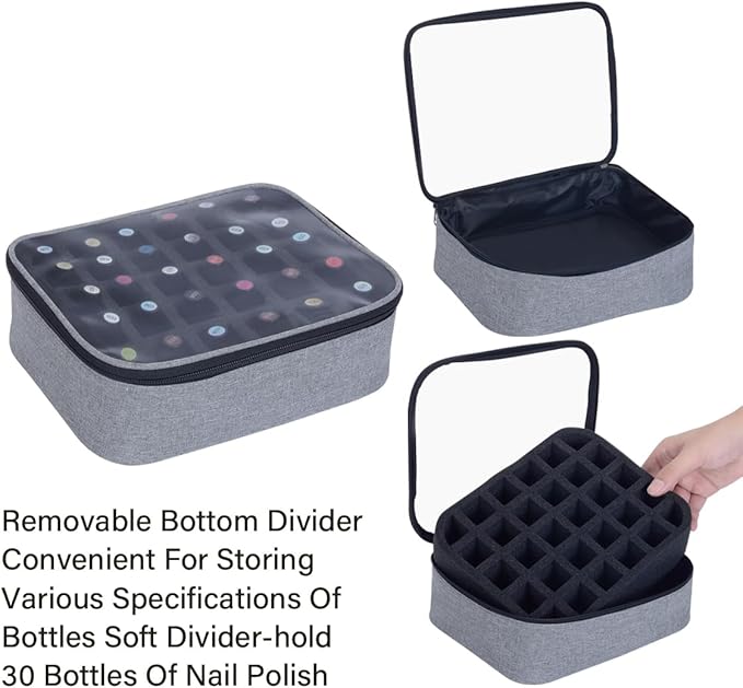Small Clear Nail Polish Organizer Holds 30 bottles(15ml-0.5fl.oz) Nail Polish Case Multifunctional Nail Polish Bag organizer, Cosmetic Travel Makeup Cases for Women Grey