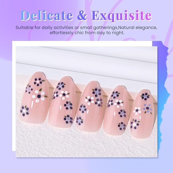 Spring Summer Purple White Floral Press On Nails Medium Almond Fake Nails, Salon Quality Reusable Acrylic Nails for Women & Girls, DIY Nail Art Gift Kit - 30 PCS 15 Sizes