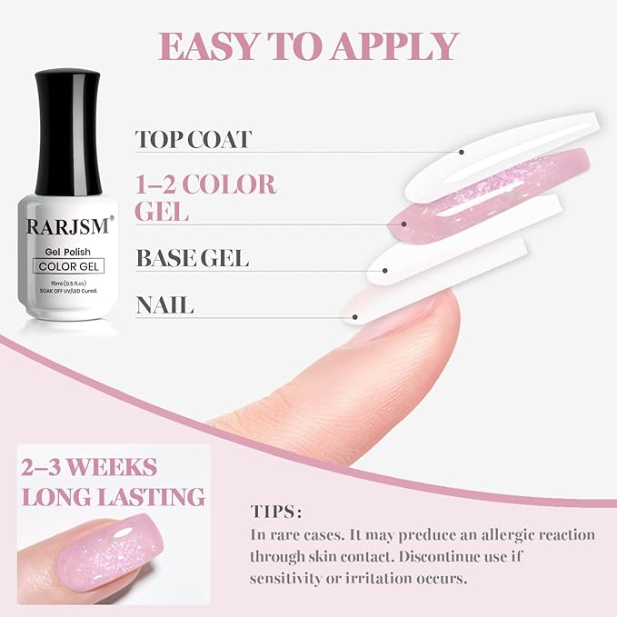 RARJSM Nude Rose Pink Glitter Gel Nail Polish Green Big Rainbow Iridescent Flakes Finish Shimmer Gelpolish 15ml Soak Off Nuded Skin Tone Color Home Salon French Manicure Varnish Curing Requires