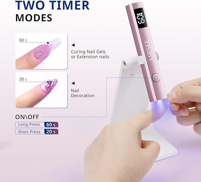 AIRSEE Cordless Nail Lamp with Stand, Handheld UV Light with LCD Display for Gel Nails,Rechargeable USB Nail Dryer for Fast Cure,Rhinestone Glue Decoration,Gel Nail Strips at Home,Travel(Pink)