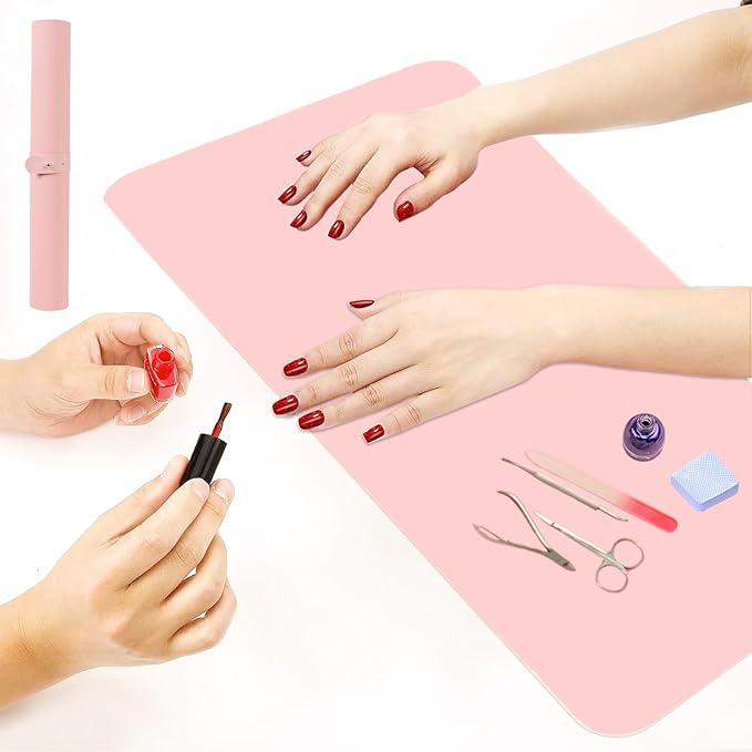 2 PCS Nail Art Table Mat, Soft Microfiber PU Leather Nail Pad, Foldable Nail Art Rest Pad, Reusable Nail Mat for Table Desk, Acrylic Nail Desk Mat for Nail Cushion (Pink and Pink)